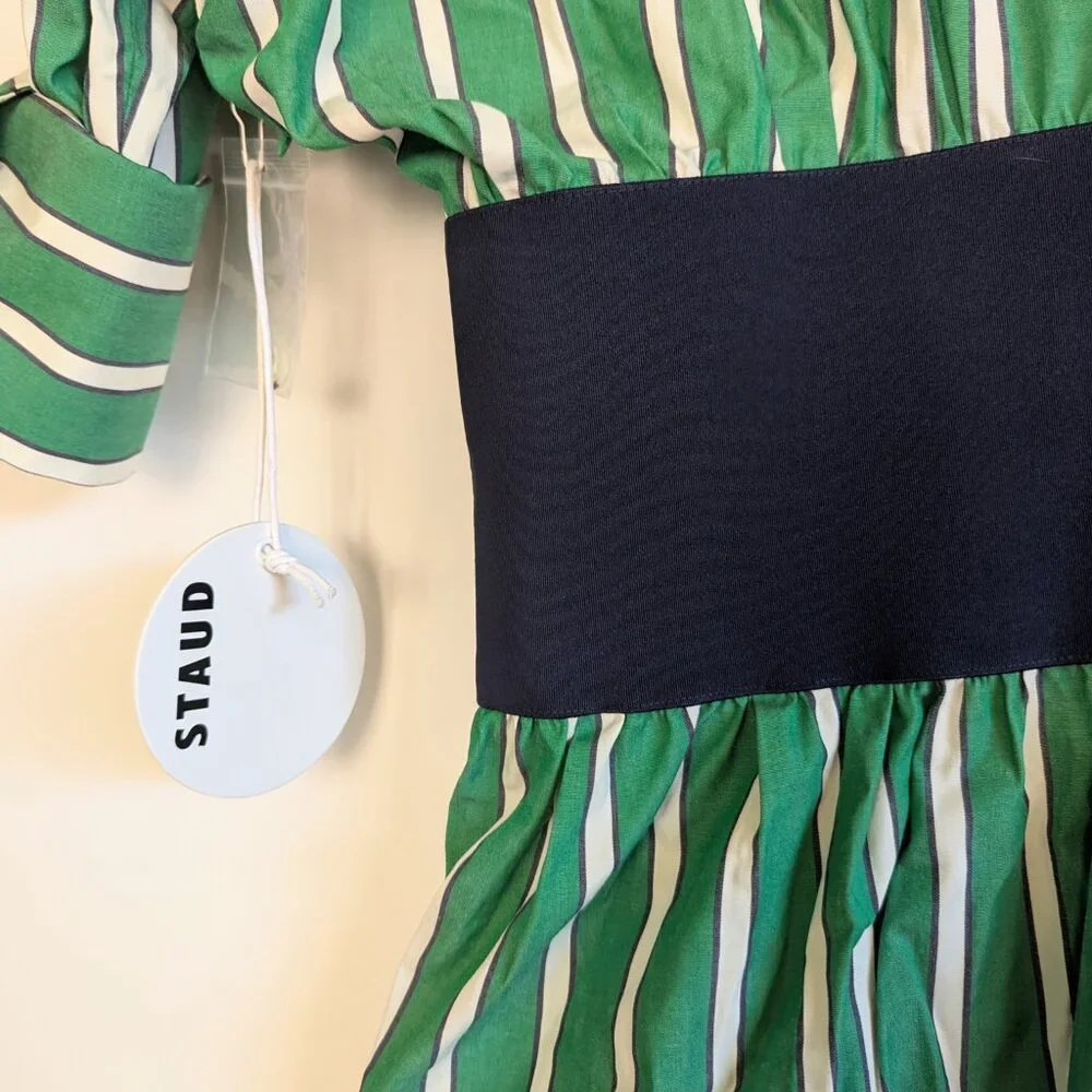 STAUD Michelle Striped Shirt Mini Dress Seaweed Green Size M NWT Chic Versatile - Picture 14 of 16